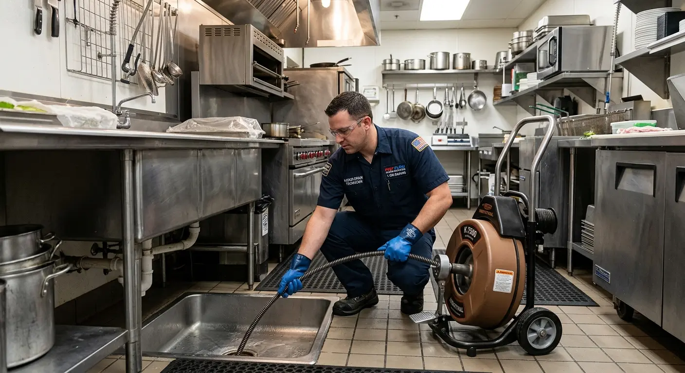 Commercial drain cleaning service in a restaurant kitchen in East Rockhill