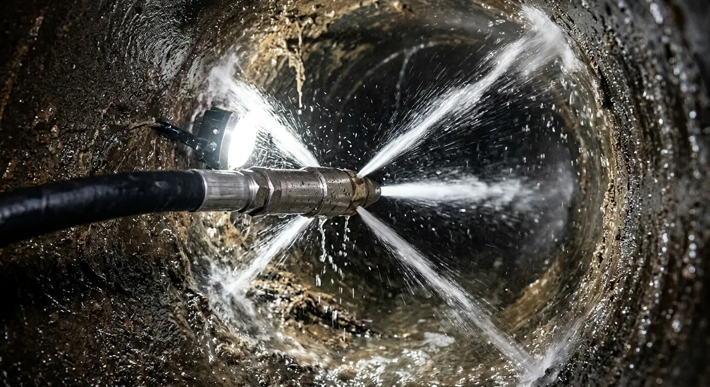 High-pressure hydro jetting nozzle cleaning sewer pipe for Trenchless Sewer Repair in East Rockhill