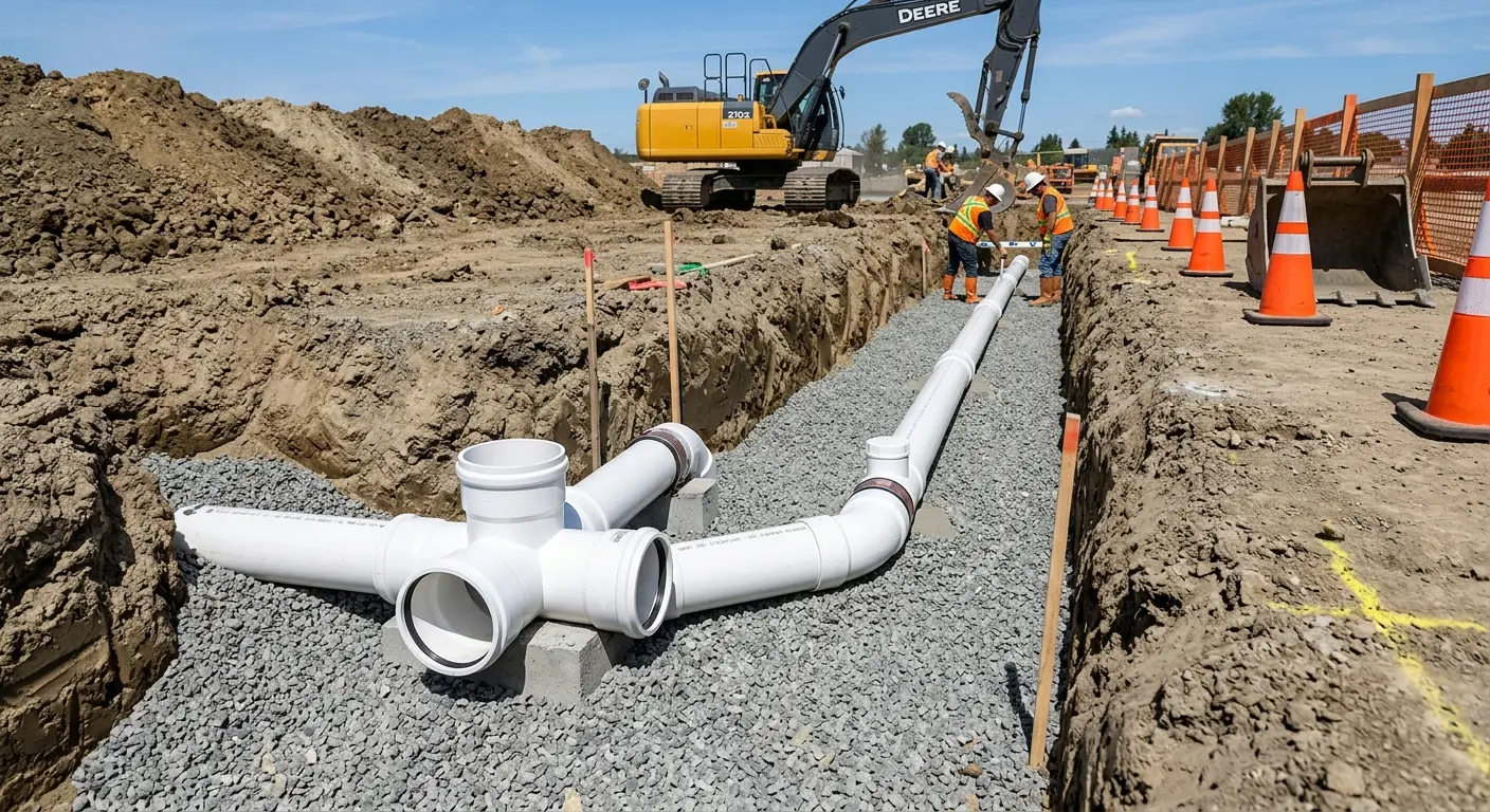 New PVC sewer pipe installation in open trench for Sewer Backup in East Rockhill
