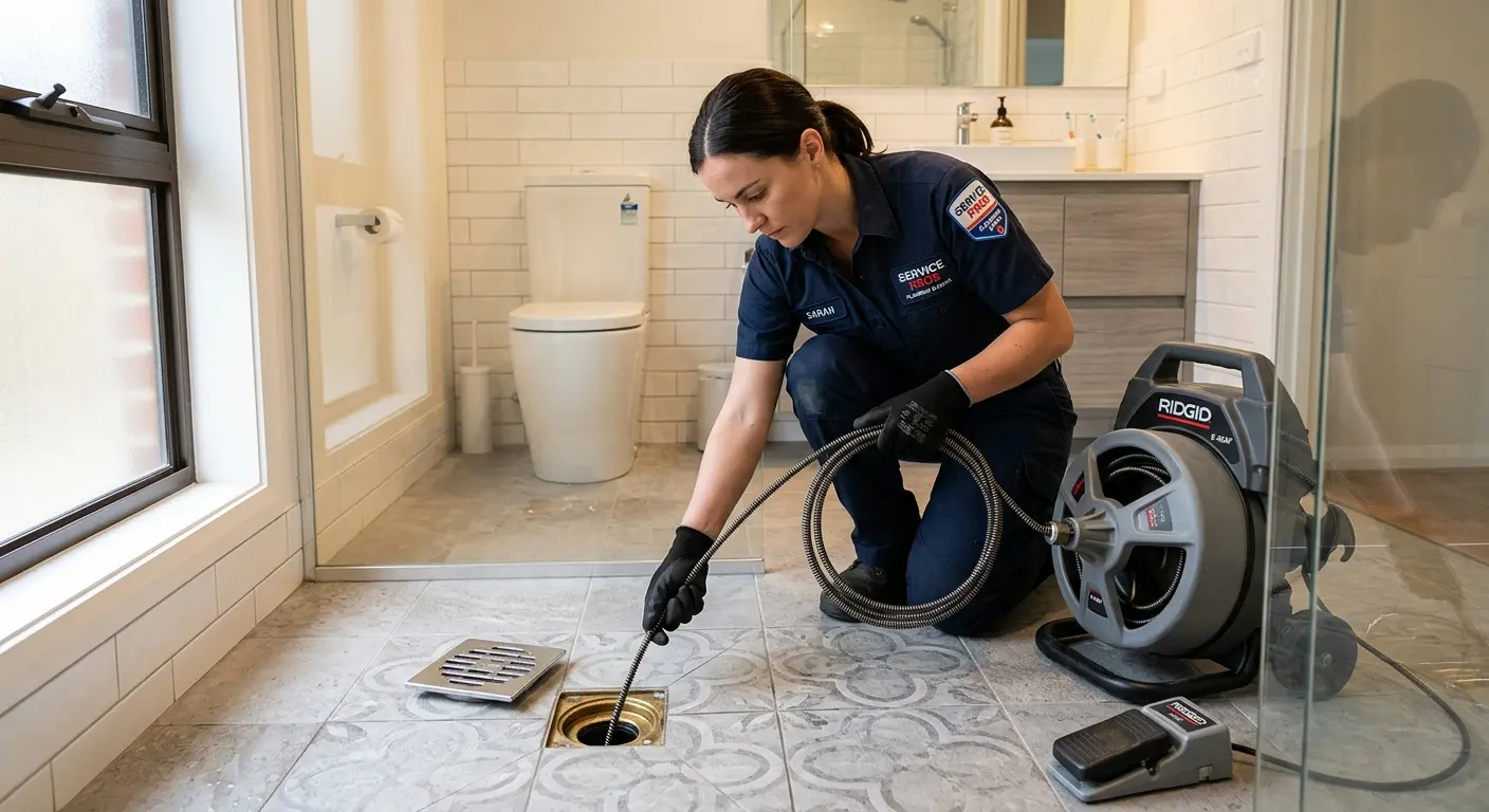 Technician clearing a bathroom floor drain for Drain Cleaning in East Rockhill